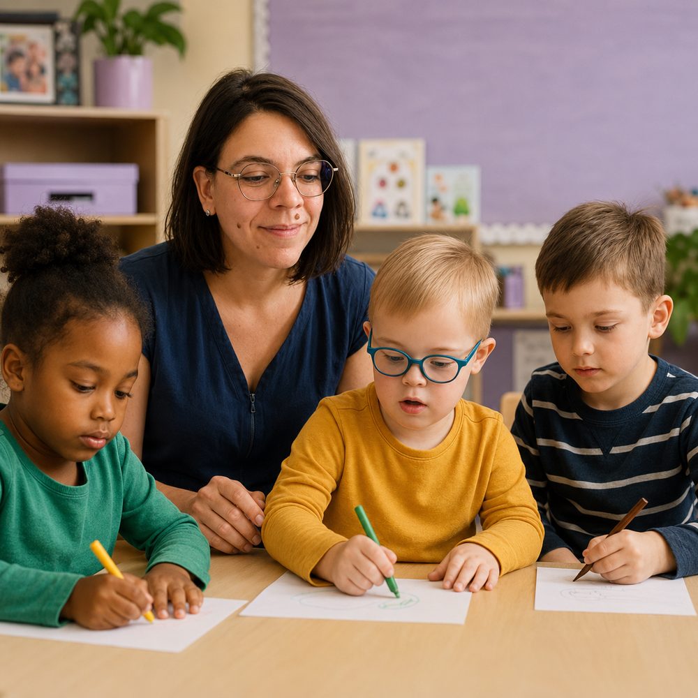 Flavie Hamon, assise à une table dans une salle de classe, accompagne trois enfants en train de dessiner.